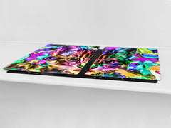 BIG KITCHEN BOARD & Induction Cooktop Cover – Glass Pastry Board – SINGLE: 80 x 52 cm (31,5” x 20,47”); DOUBLE: 40 x 52 cm (15,75” x 20,47”); DD47 Animals Series : Colourful cat