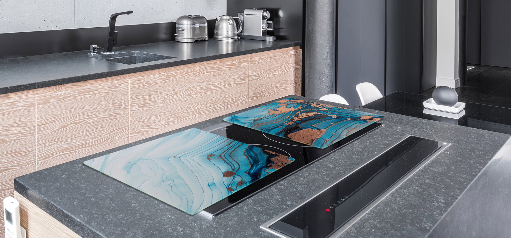 UNIQUE Tempered GLASS Kitchen Board – Impact & Scratch Resistant Cooktop cover – SINGLE: 80 x 52 cm; DOUBLE: 40 x 52 cm; DD45 Art Series : Liquid colours 3