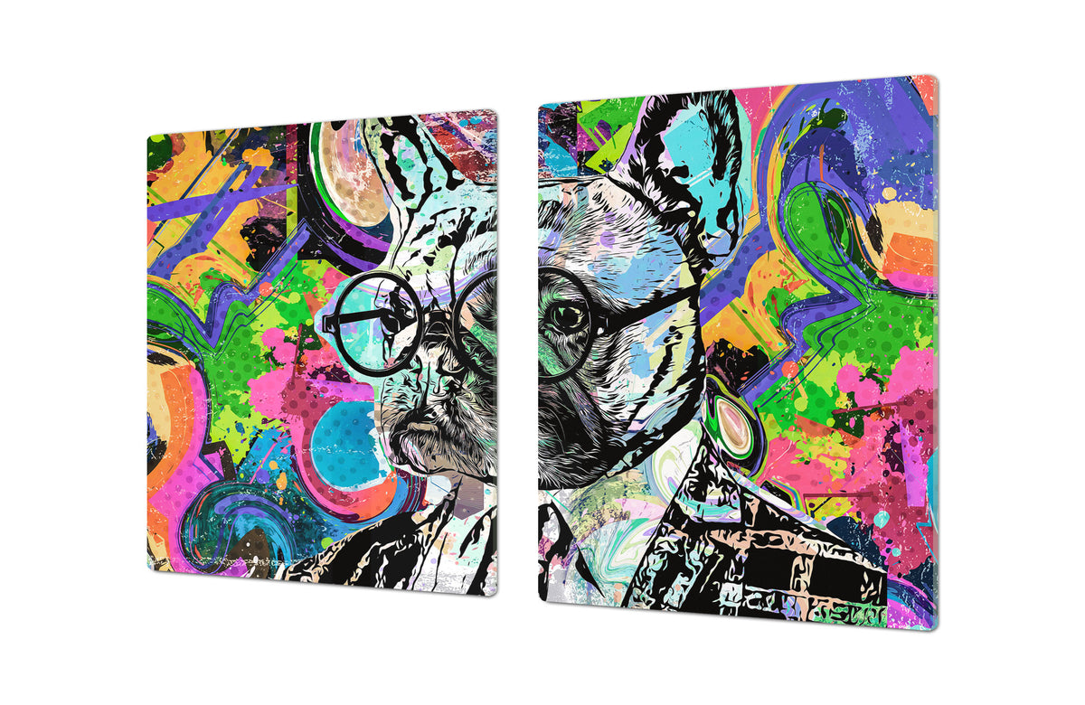 BIG KITCHEN BOARD & Induction Cooktop Cover – Glass Pastry Board – SINGLE: 80 x 52 cm (31,5” x 20,47”); DOUBLE: 40 x 52 cm (15,75” x 20,47”); DD47 Animals Series : Colourful bulldog