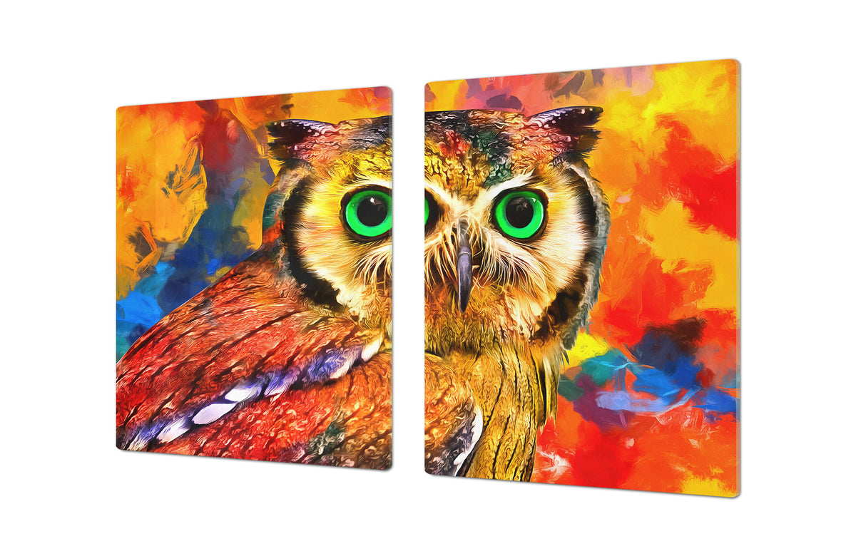 BIG KITCHEN BOARD & Induction Cooktop Cover – Glass Pastry Board – SINGLE: 80 x 52 cm (31,5” x 20,47”); DOUBLE: 40 x 52 cm (15,75” x 20,47”); DD47 Animals Series : Colourful owl