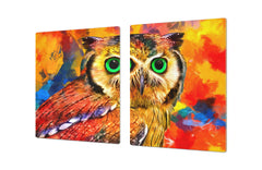 BIG KITCHEN BOARD & Induction Cooktop Cover – Glass Pastry Board – SINGLE: 80 x 52 cm (31,5” x 20,47”); DOUBLE: 40 x 52 cm (15,75” x 20,47”); DD47 Animals Series : Colourful owl