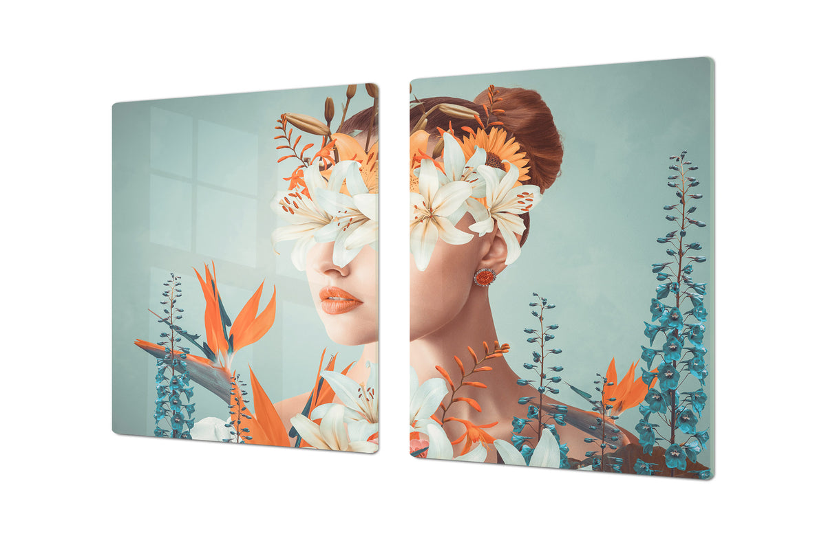 ENORMOUS  Tempered GLASS Chopping Board - Induction Cooktop Cover – SINGLE: 80 x 52 cm; DOUBLE: 40 x 52 cm; DD52a : Blooming Lady