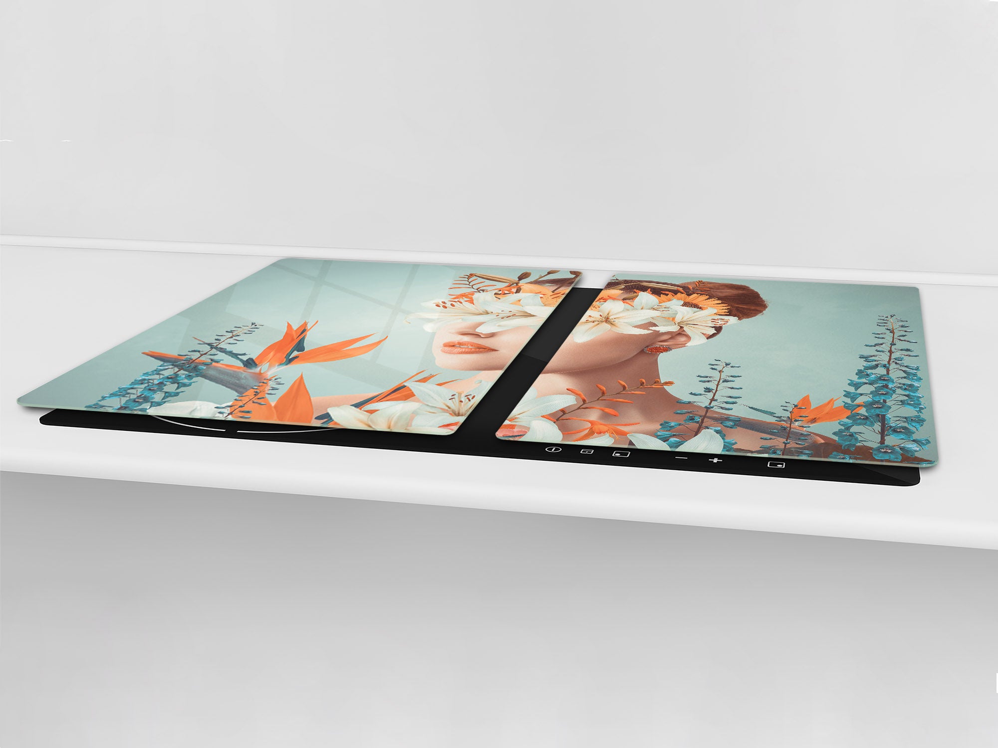 ENORMOUS  Tempered GLASS Chopping Board - Induction Cooktop Cover – SINGLE: 80 x 52 cm; DOUBLE: 40 x 52 cm; DD52a : Blooming Lady