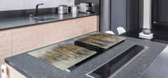 ENORMOUS  Tempered GLASS Chopping Board - Induction Cooktop Cover – SINGLE: 80 x 52 cm; DOUBLE: 40 x 52 cm; DD51 : Modern Golden Scratches