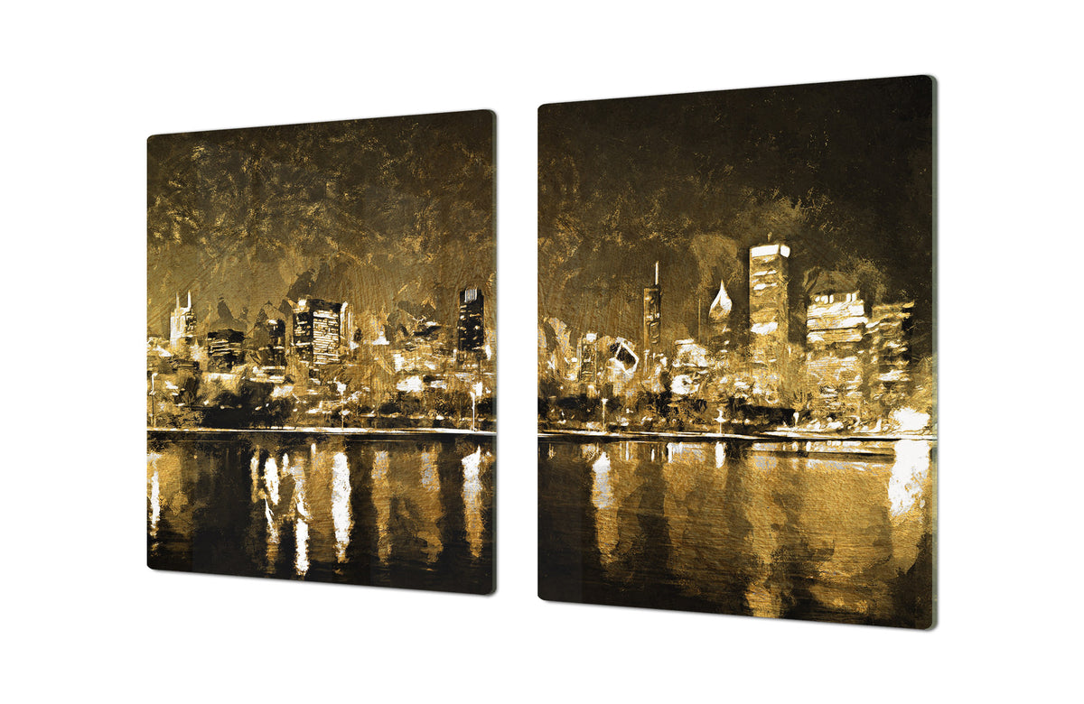 ENORMOUS  Tempered GLASS Chopping Board - Induction Cooktop Cover – SINGLE: 80 x 52 cm; DOUBLE: 40 x 52 cm; DD53 : Golden City Landscape