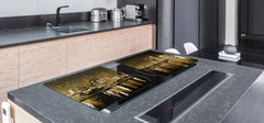 ENORMOUS  Tempered GLASS Chopping Board - Induction Cooktop Cover – SINGLE: 80 x 52 cm; DOUBLE: 40 x 52 cm; DD53 : Golden City Landscape