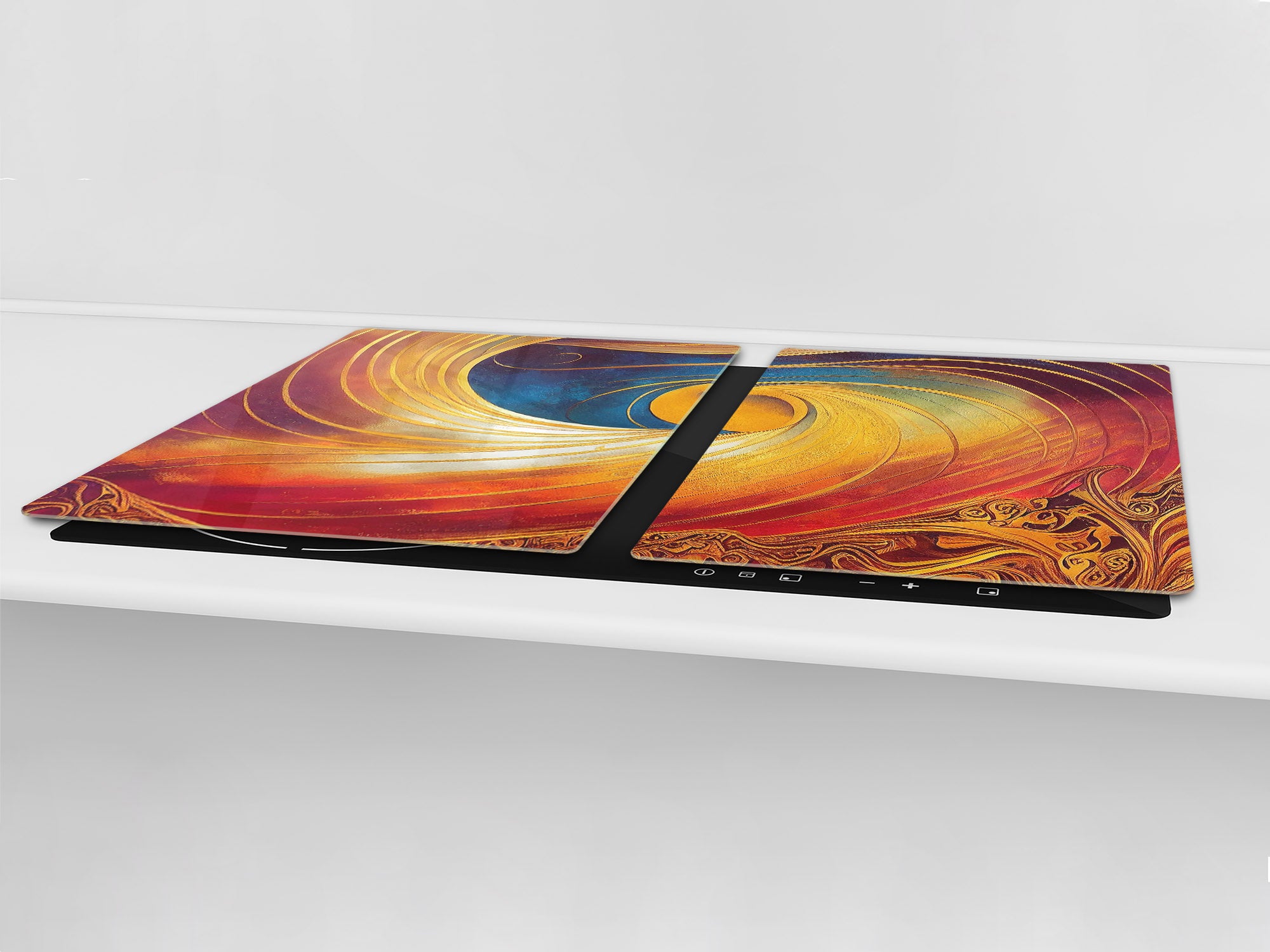 ENORMOUS  Tempered GLASS Chopping Board - Induction Cooktop Cover – SINGLE: 80 x 52 cm; DOUBLE: 40 x 52 cm; DD53 : Golden Whirlwind