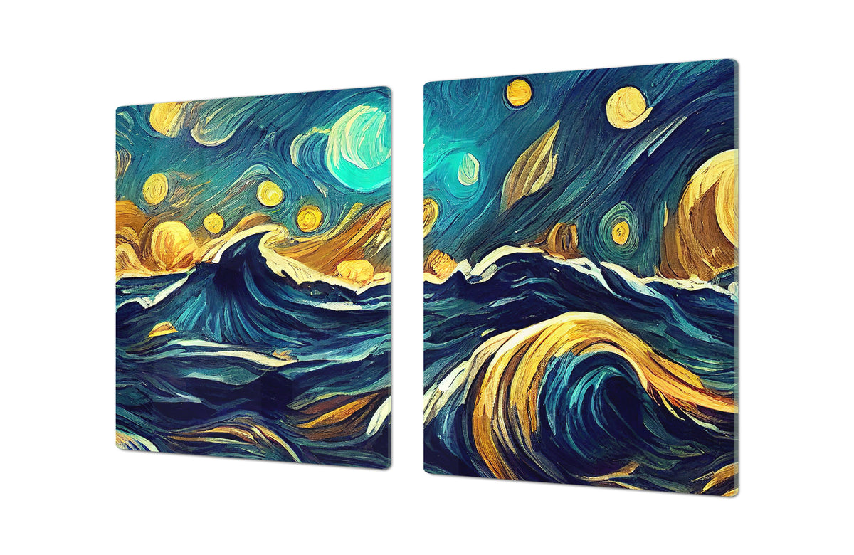 ENORMOUS  Tempered GLASS Chopping Board - Induction Cooktop Cover – SINGLE: 80 x 52 cm; DOUBLE: 40 x 52 cm; DD53 : Moonlit Ocean