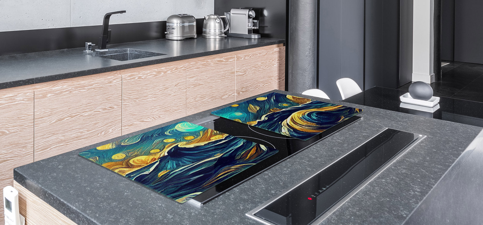 ENORMOUS  Tempered GLASS Chopping Board - Induction Cooktop Cover – SINGLE: 80 x 52 cm; DOUBLE: 40 x 52 cm; DD53 : Moonlit Ocean