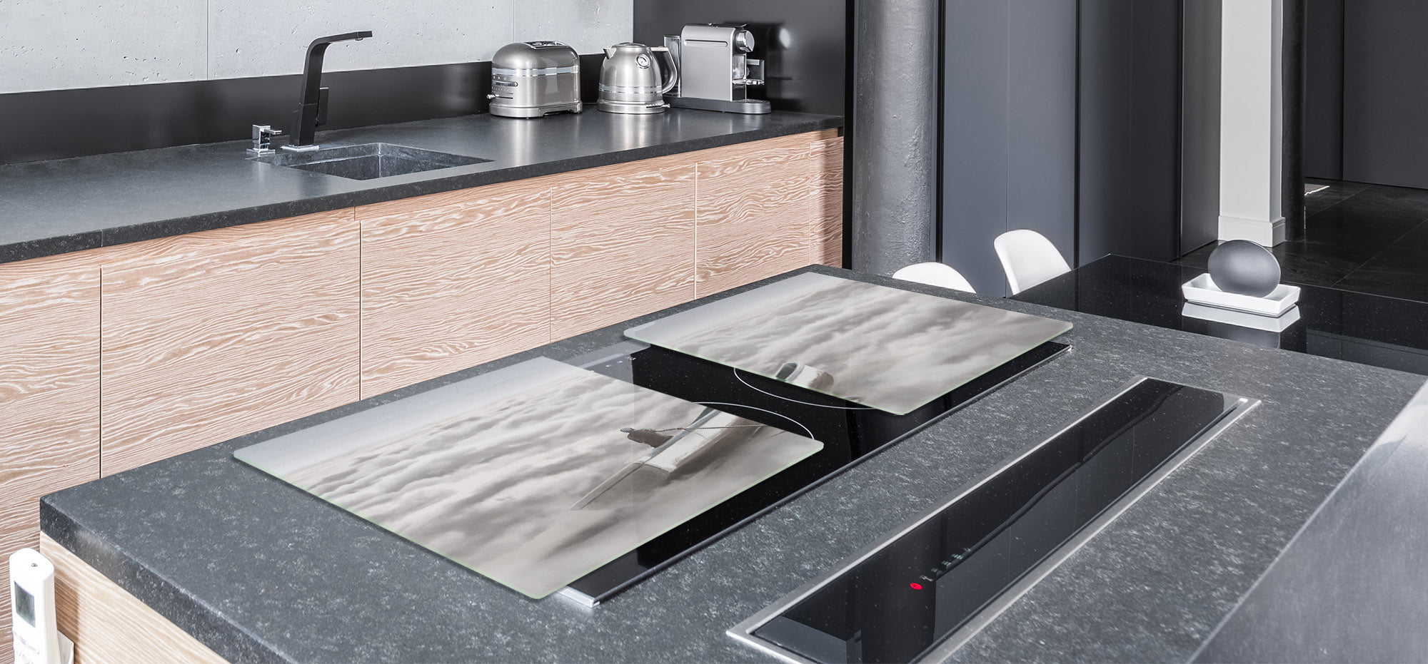 ENORMOUS  Tempered GLASS Chopping Board - Induction Cooktop Cover – SINGLE: 80 x 52 cm; DOUBLE: 40 x 52 cm; DD51 : Cloud Sailing