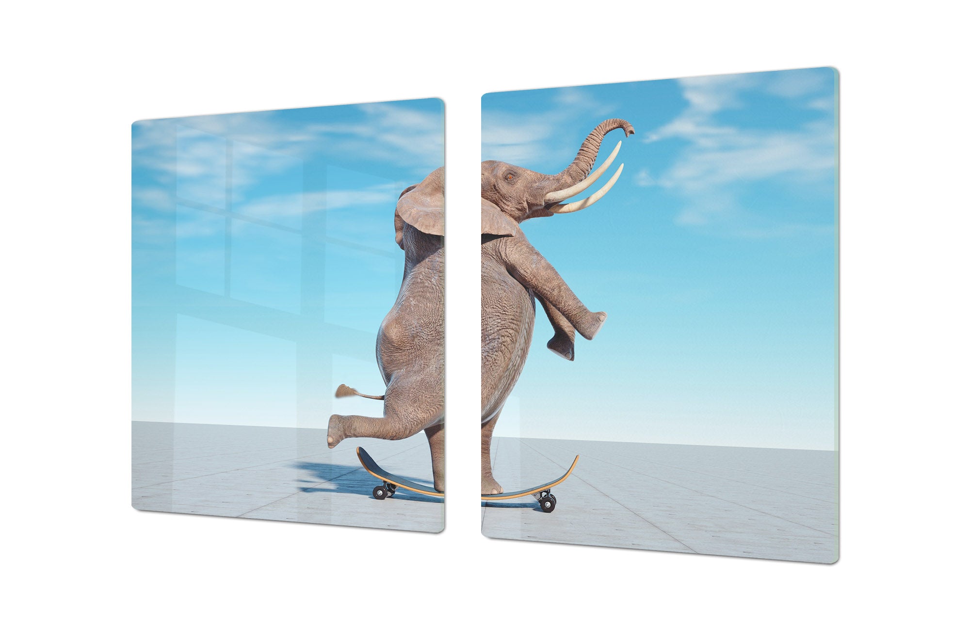 ENORMOUS  Tempered GLASS Chopping Board - Induction Cooktop Cover – SINGLE: 80 x 52 cm; DOUBLE: 40 x 52 cm; DD51 : Surreal skateboarding