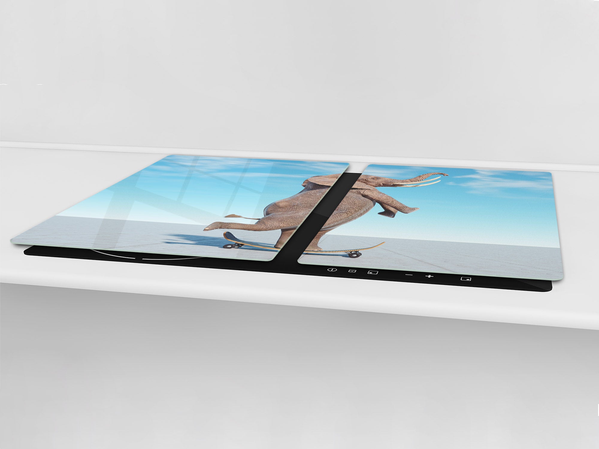 ENORMOUS  Tempered GLASS Chopping Board - Induction Cooktop Cover – SINGLE: 80 x 52 cm; DOUBLE: 40 x 52 cm; DD51 : Surreal skateboarding