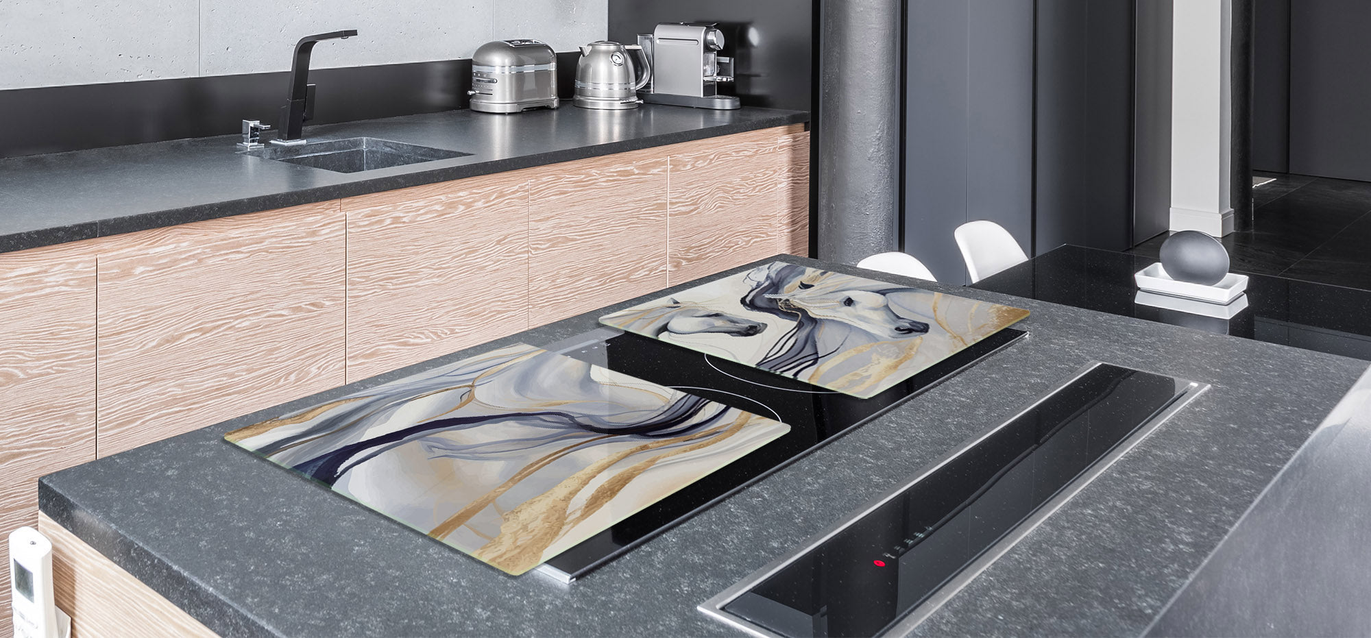 ENORMOUS  Tempered GLASS Chopping Board - Induction Cooktop Cover – SINGLE: 80 x 52 cm; DOUBLE: 40 x 52 cm; DD53 : Dance of Horses
