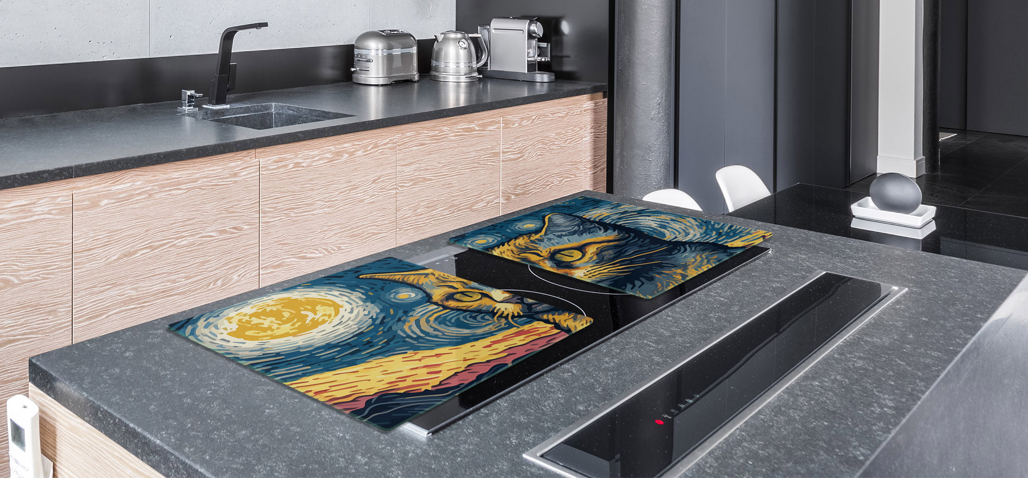 ENORMOUS  Tempered GLASS Chopping Board - Induction Cooktop Cover – SINGLE: 80 x 52 cm; DOUBLE: 40 x 52 cm; DD51 : Van Gogh's Cat