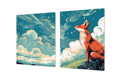 ENORMOUS  Tempered GLASS Chopping Board - Induction Cooktop Cover – SINGLE: 80 x 52 cm; DOUBLE: 40 x 52 cm; DD52a : Cartoon Fox