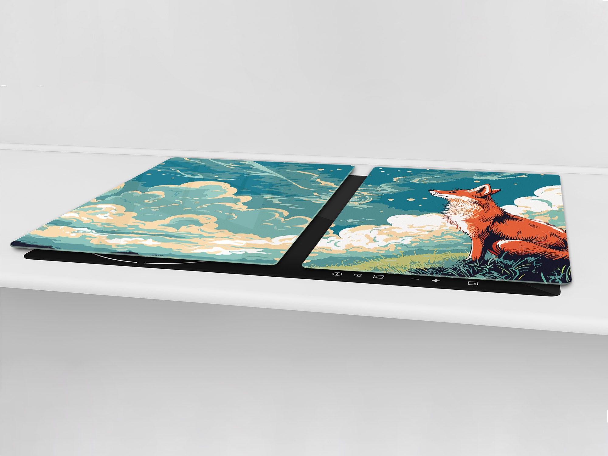 ENORMOUS  Tempered GLASS Chopping Board - Induction Cooktop Cover – SINGLE: 80 x 52 cm; DOUBLE: 40 x 52 cm; DD52a : Cartoon Fox