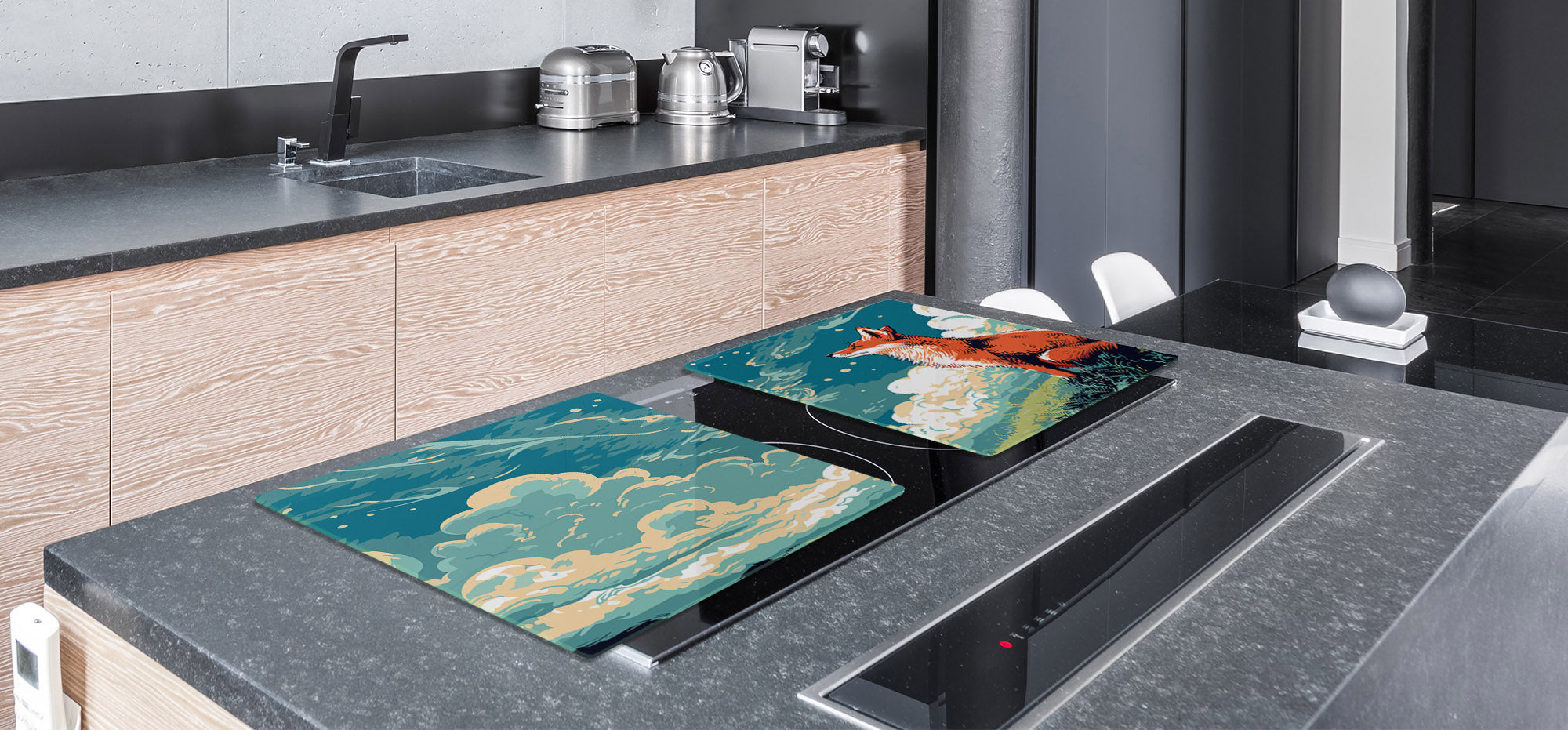 ENORMOUS  Tempered GLASS Chopping Board - Induction Cooktop Cover – SINGLE: 80 x 52 cm; DOUBLE: 40 x 52 cm; DD52a : Cartoon Fox