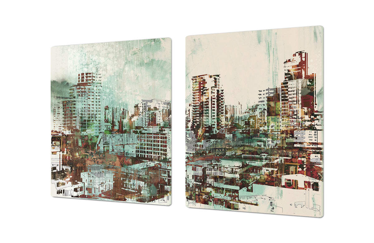 ENORMOUS  Tempered GLASS Chopping Board - Induction Cooktop Cover – SINGLE: 80 x 52 cm; DOUBLE: 40 x 52 cm; DD49 Miscellaneous series : Abstract cityscape 2