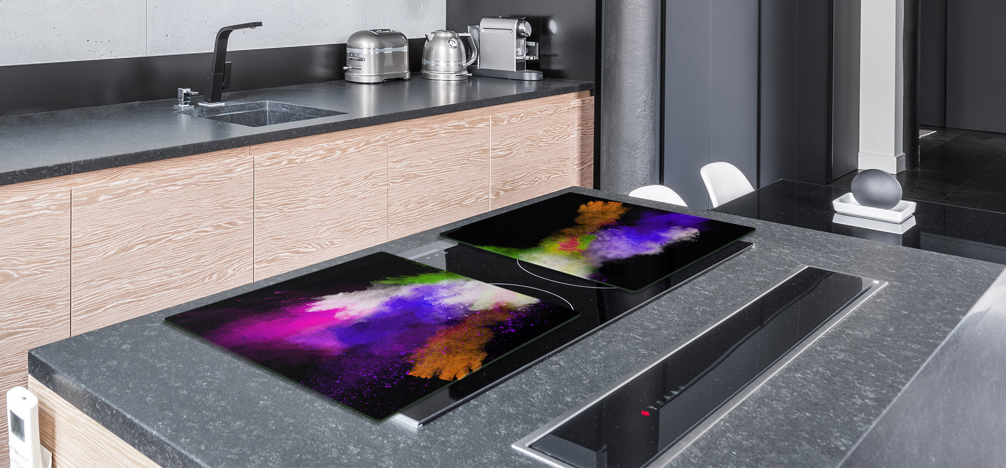 UNIQUE Tempered GLASS Kitchen Board – Impact & Scratch Resistant Cooktop cover – SINGLE: 80 x 52 cm; DOUBLE: 40 x 52 cm; DD45 Art Series : Colour explosion 3