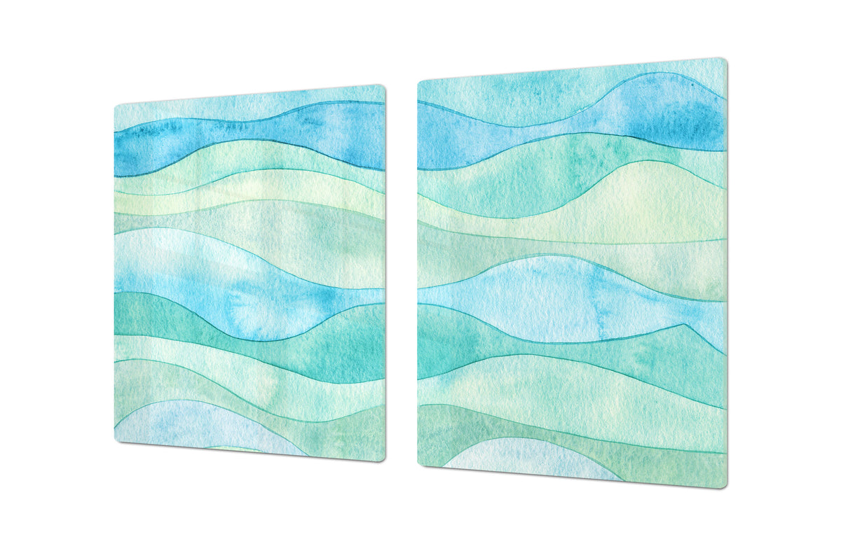 UNIQUE Tempered GLASS Kitchen Board – Impact & Scratch Resistant Cooktop cover – SINGLE: 80 x 52 cm; DOUBLE: 40 x 52 cm; DD45 Art Series : Watercolour waves