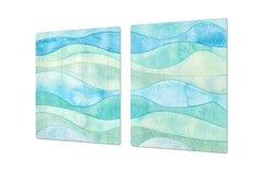UNIQUE Tempered GLASS Kitchen Board – Impact & Scratch Resistant Cooktop cover – SINGLE: 80 x 52 cm; DOUBLE: 40 x 52 cm; DD45 Art Series : Watercolour waves