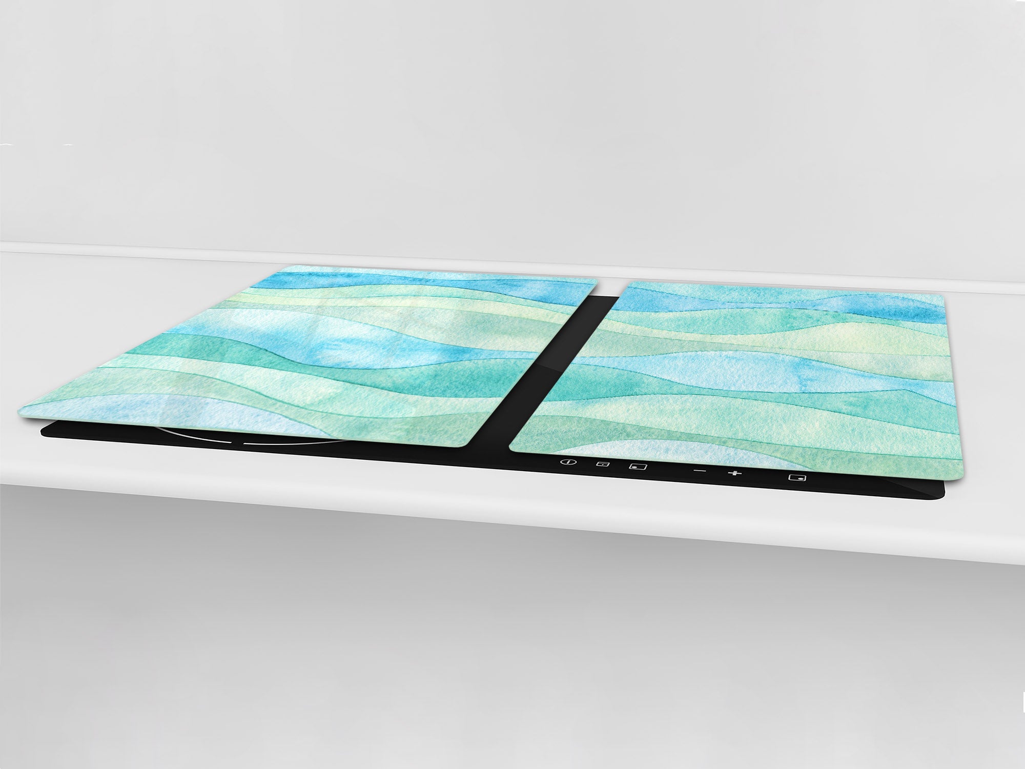 UNIQUE Tempered GLASS Kitchen Board – Impact & Scratch Resistant Cooktop cover – SINGLE: 80 x 52 cm; DOUBLE: 40 x 52 cm; DD45 Art Series : Watercolour waves