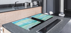 UNIQUE Tempered GLASS Kitchen Board – Impact & Scratch Resistant Cooktop cover – SINGLE: 80 x 52 cm; DOUBLE: 40 x 52 cm; DD45 Art Series : Watercolour waves