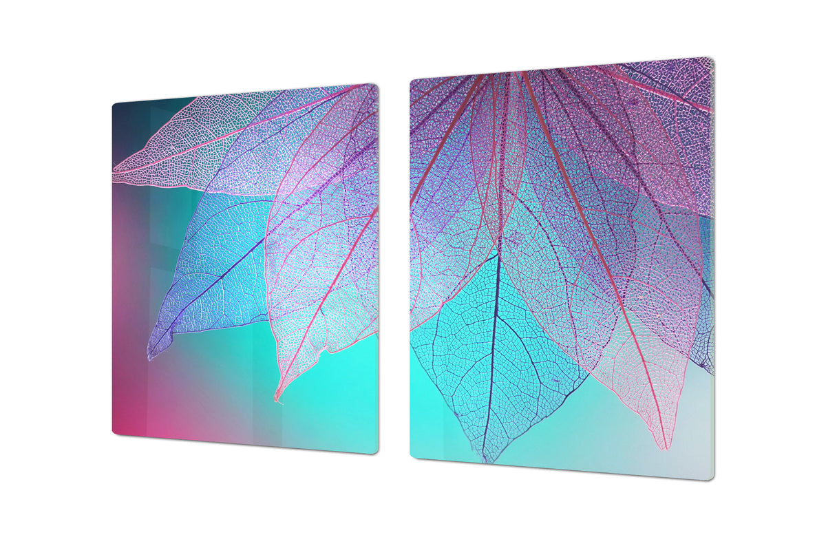 Gigantic Worktop saver and Pastry Board - Tempered GLASS Cutting Board - MEASURES: SINGLE: 80 x 52 cm; DOUBLE: 40 x 52 cm; DD44 Nature series : Transparent turqoise leaves