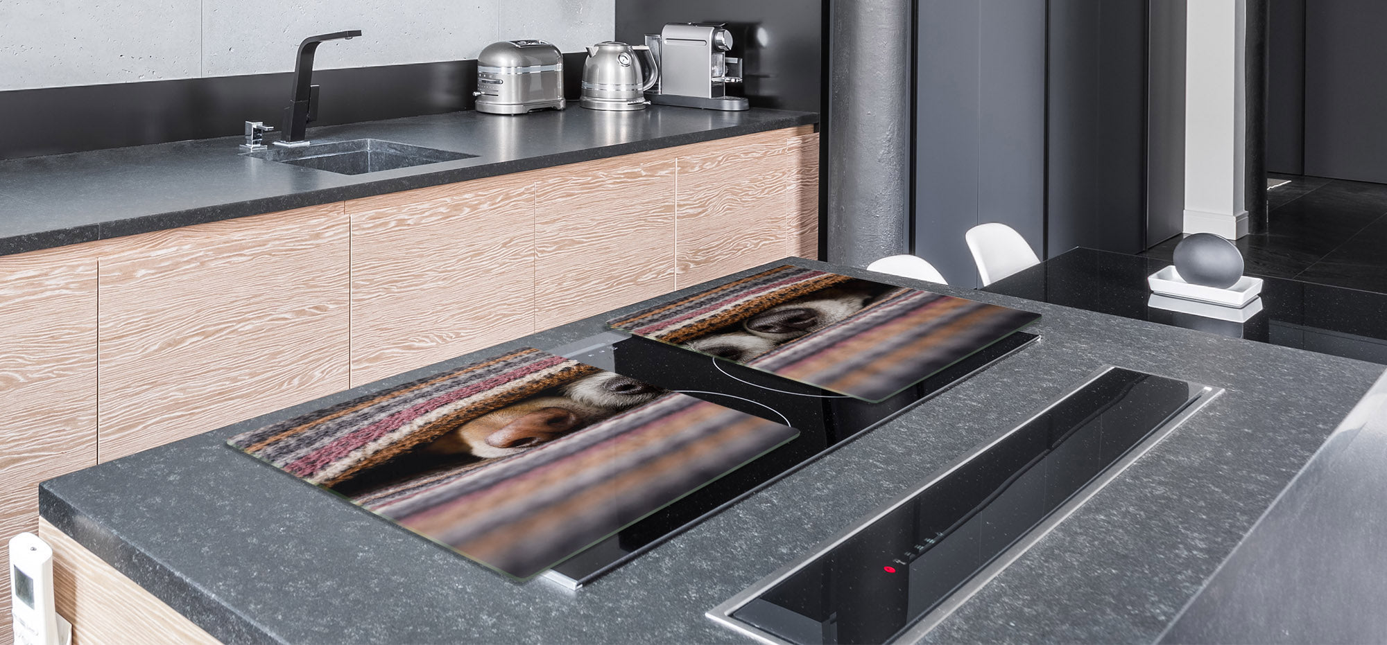 BIG KITCHEN BOARD & Induction Cooktop Cover – Glass Pastry Board – SINGLE: 80 x 52 cm (31,5” x 20,47”); DOUBLE: 40 x 52 cm (15,75” x 20,47”); DD47 Animals Series : Sleeping dogs