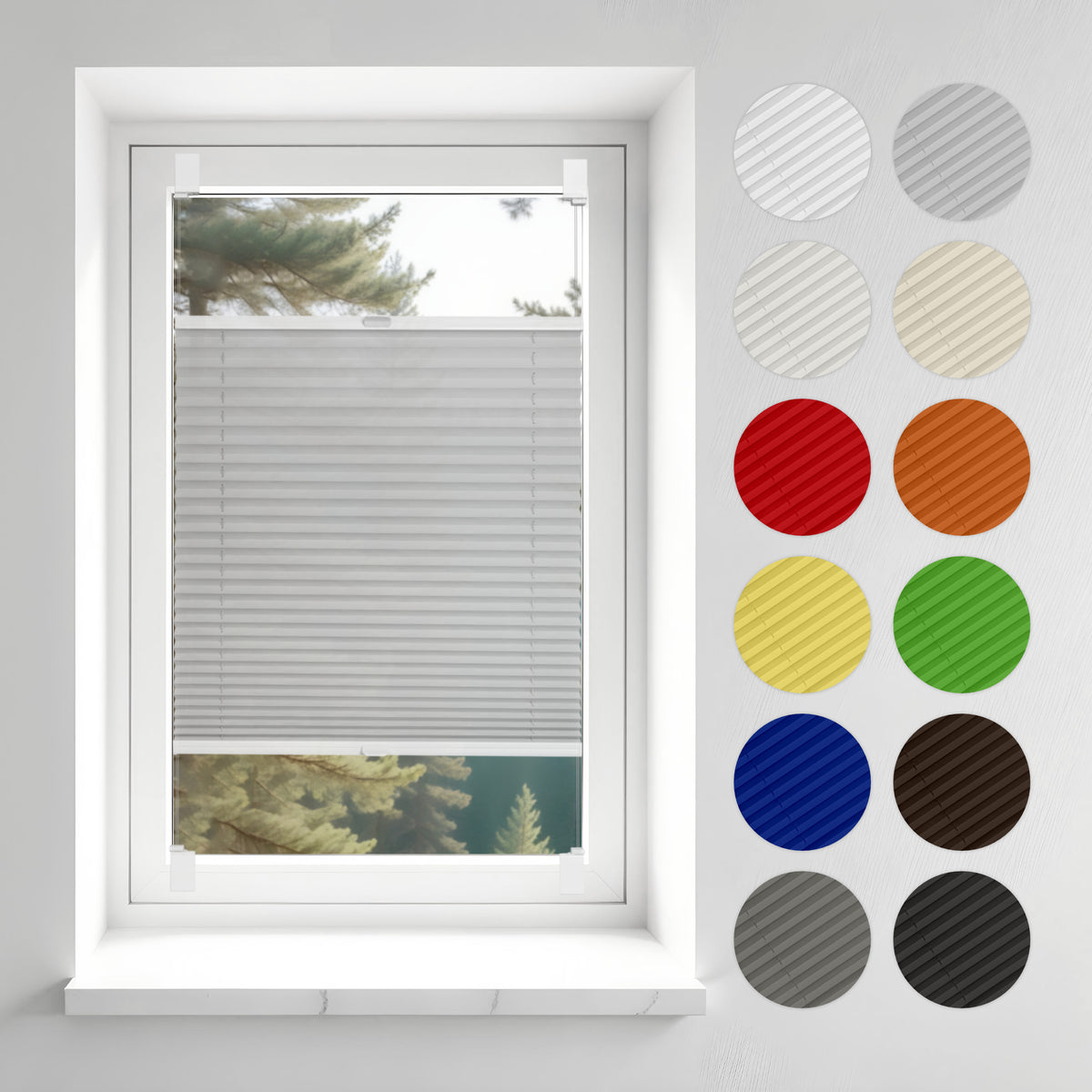 A pleated window blind in a neutral color displayed on a window frame, with a range of 18 available fabric colors shown in sample circles beside the window.