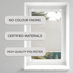 Custom pleated blinds in a window with text highlighting no color fading, certified materials, and high-quality polyester.