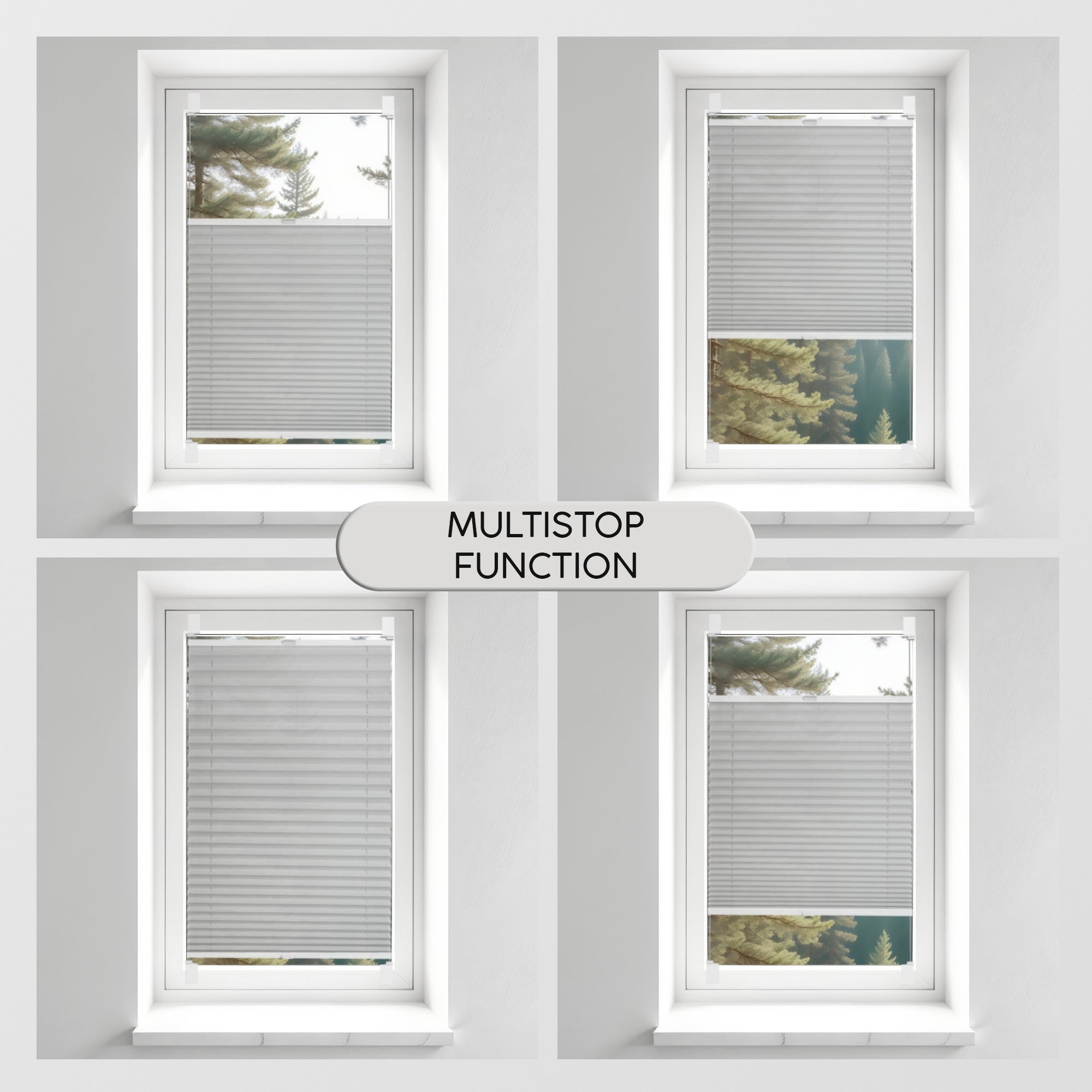 Four window panes with blinds and a label indicating 'Multistop Function' on a gray background.