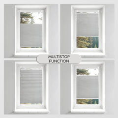 Four window panes with blinds and a label indicating 'Multistop Function' on a gray background.