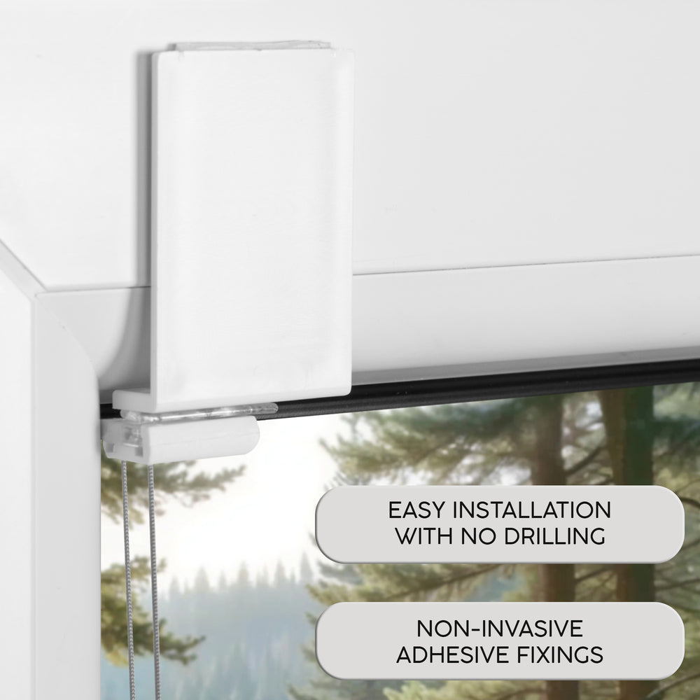 Window blind with adhesive strip on a glass door, showing installation text.