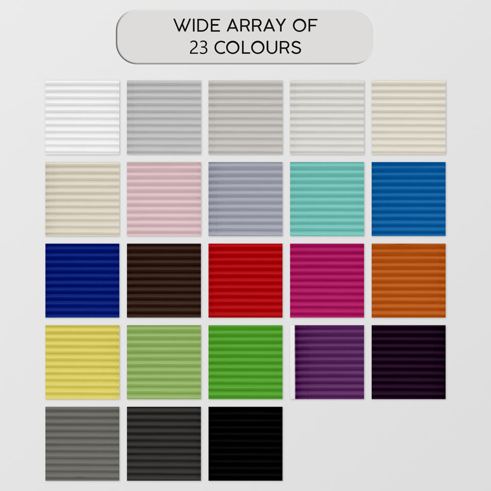 Wide array of 23 color swatches on a white background with text 'WIDE ARRAY OF 23 COLOURS'.