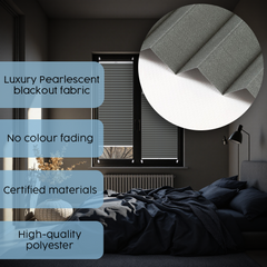 Luxury Blackout Custom Pleated Shades – Pearlescent Fabric, Made to Measure, Easy No-Drill Installation