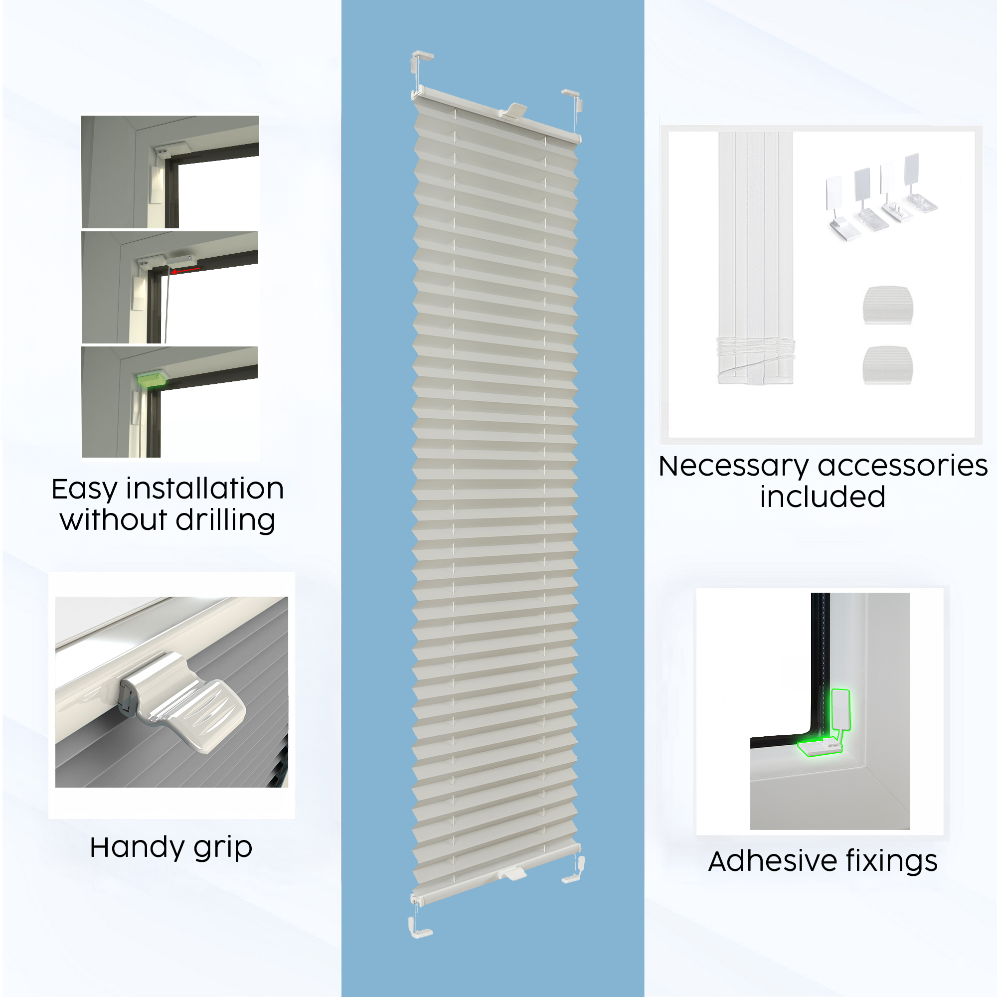 Custom Pleated Blinds – No Drill Installation, Within Window Frame, Made to Measure Adhesive Mount