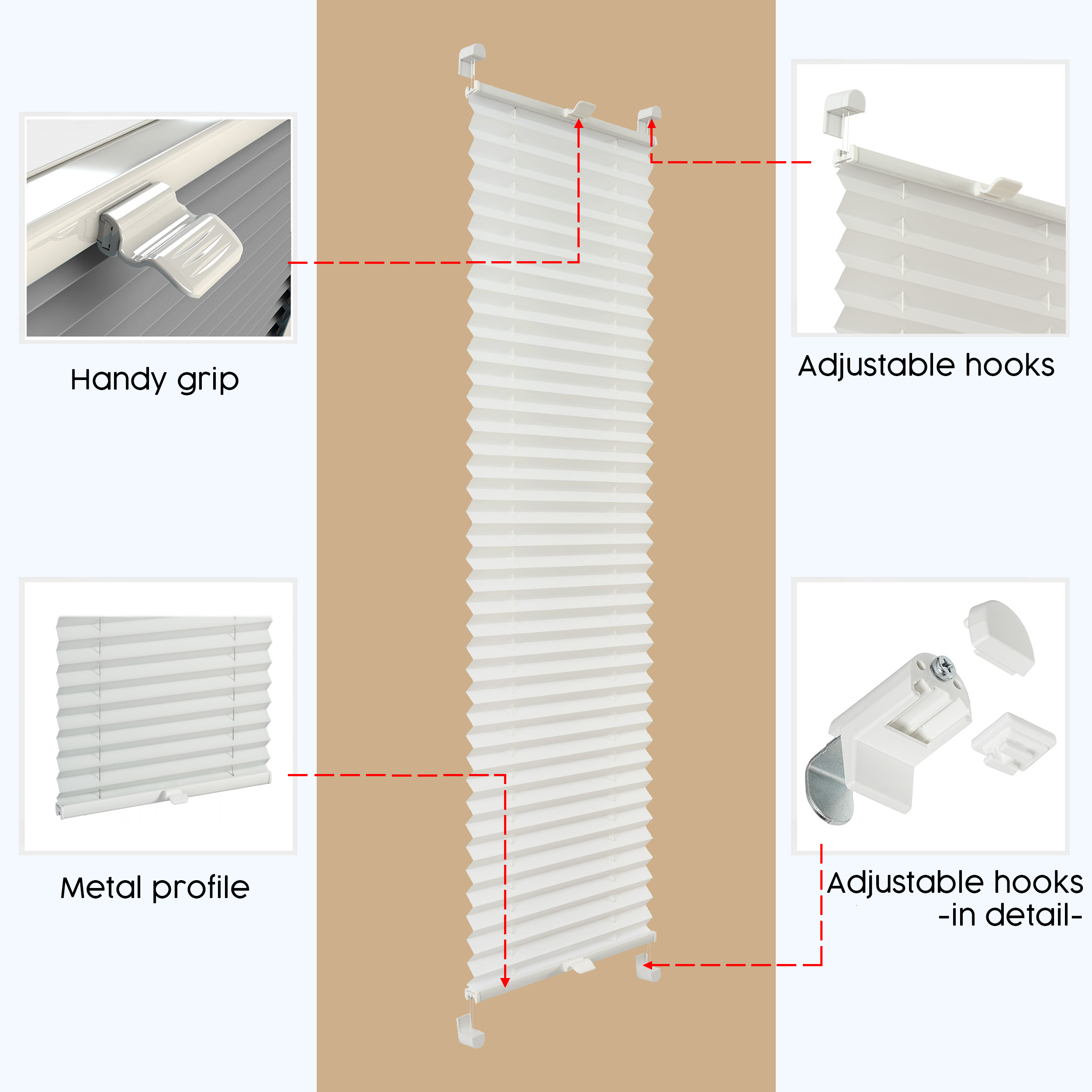 Concept Blinds - Customisable Blackout Pleated Blinds - Mounting with no drilling - Blackout Material - Window Sizes 30-130cm x 40-230cm