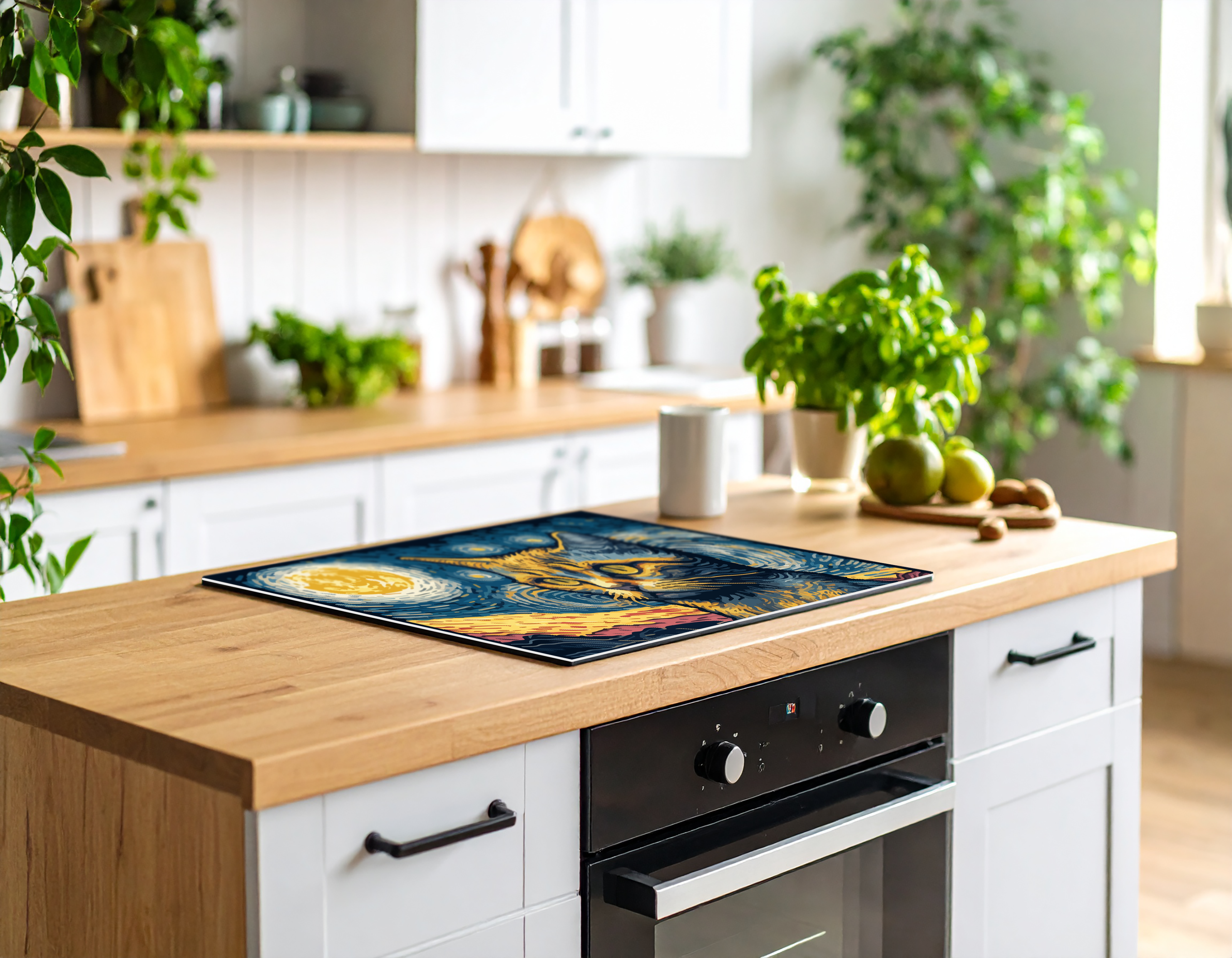 Concept Crystal Induction Hob Cover Mat 80x52cm – 3mm Thick PVC Cooker Top Protector – Decorative Water?Resistant Hob Cover with Modern Designs for Induction & Electric Hobs : Van Gogh's Cat