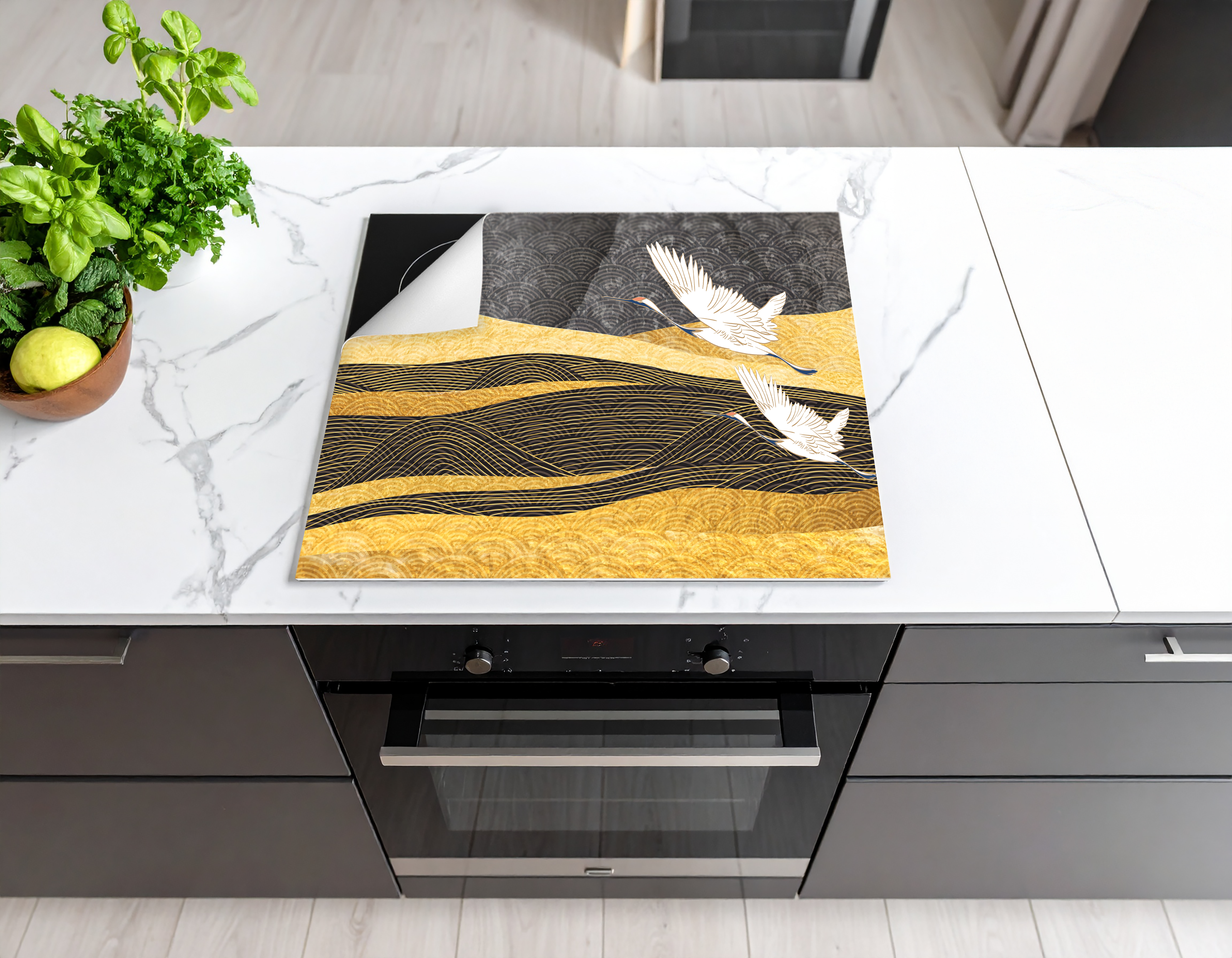 Concept Crystal Induction Hob Cover Mat 80x52cm – 3mm Thick PVC Cooker Top Protector – Decorative Water?Resistant Hob Cover with Modern Designs for Induction & Electric Hobs : Japanese Crane Birds