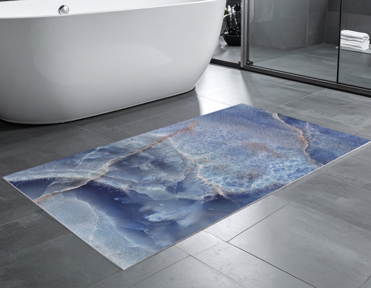 Concept Crystal Bathroom PVC Mat – Water-Resistant Floor Mat – Modern Designer Bath Mat with 4 Size Options for Bathroom, Shower & Toilet - Soft Shower Mat with Decorative Designs : Blue marble with light reflections