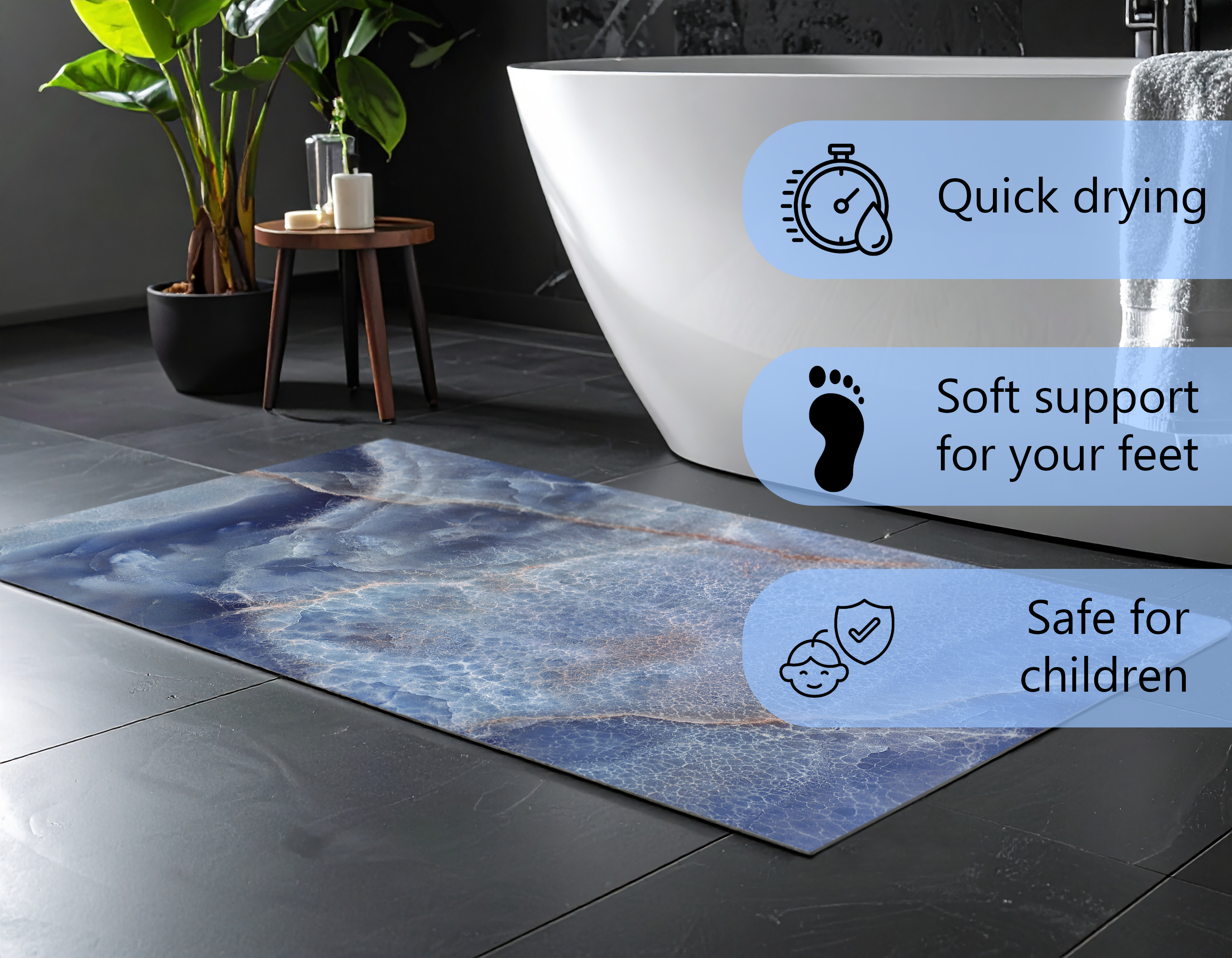 Concept Crystal Bathroom PVC Mat – Water-Resistant Floor Mat – Modern Designer Bath Mat with 4 Size Options for Bathroom, Shower & Toilet - Soft Shower Mat with Decorative Designs : Blue marble with light reflections