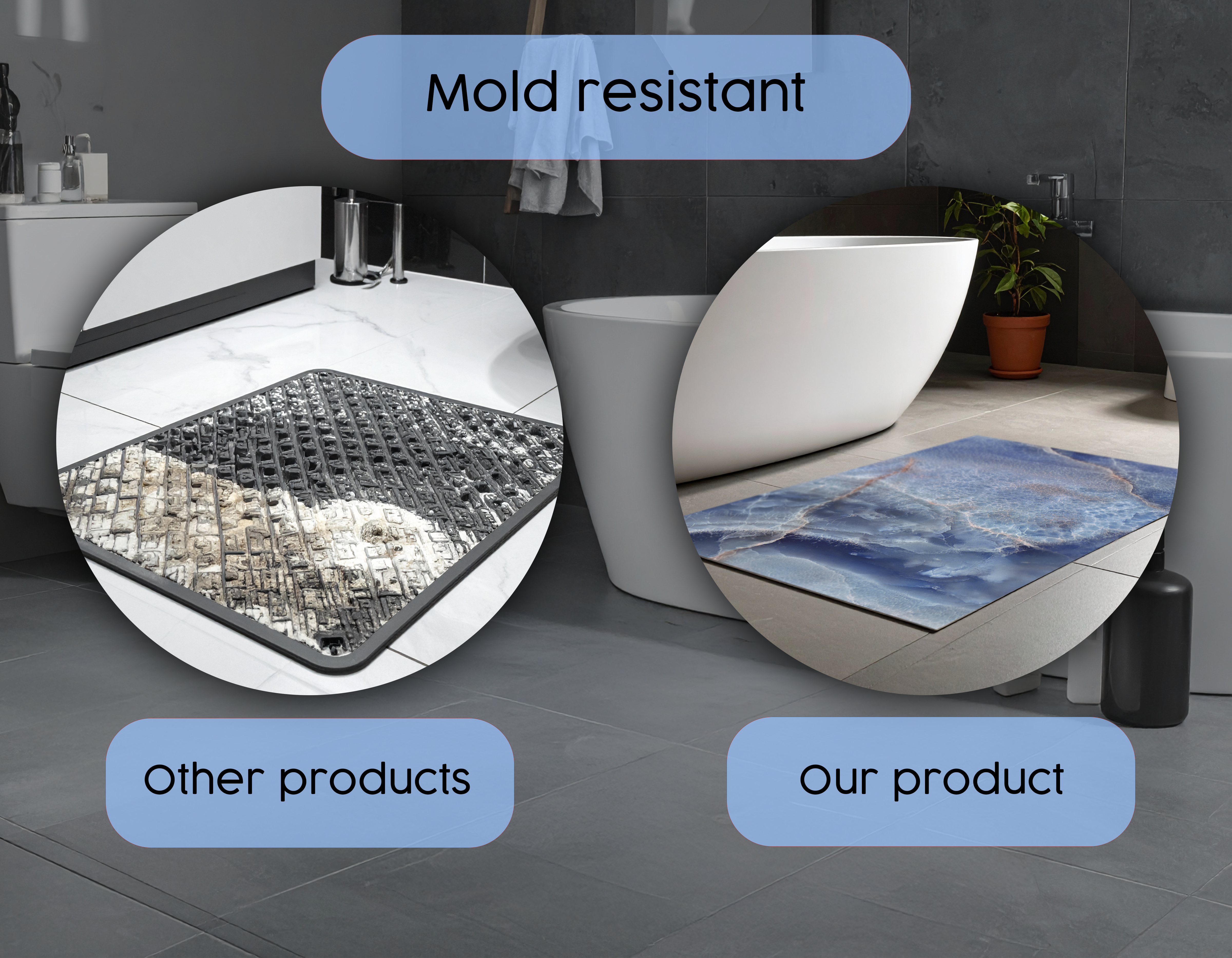 Concept Crystal Bathroom PVC Mat – Water-Resistant Floor Mat – Modern Designer Bath Mat with 4 Size Options for Bathroom, Shower & Toilet - Soft Shower Mat with Decorative Designs : Blue marble with light reflections