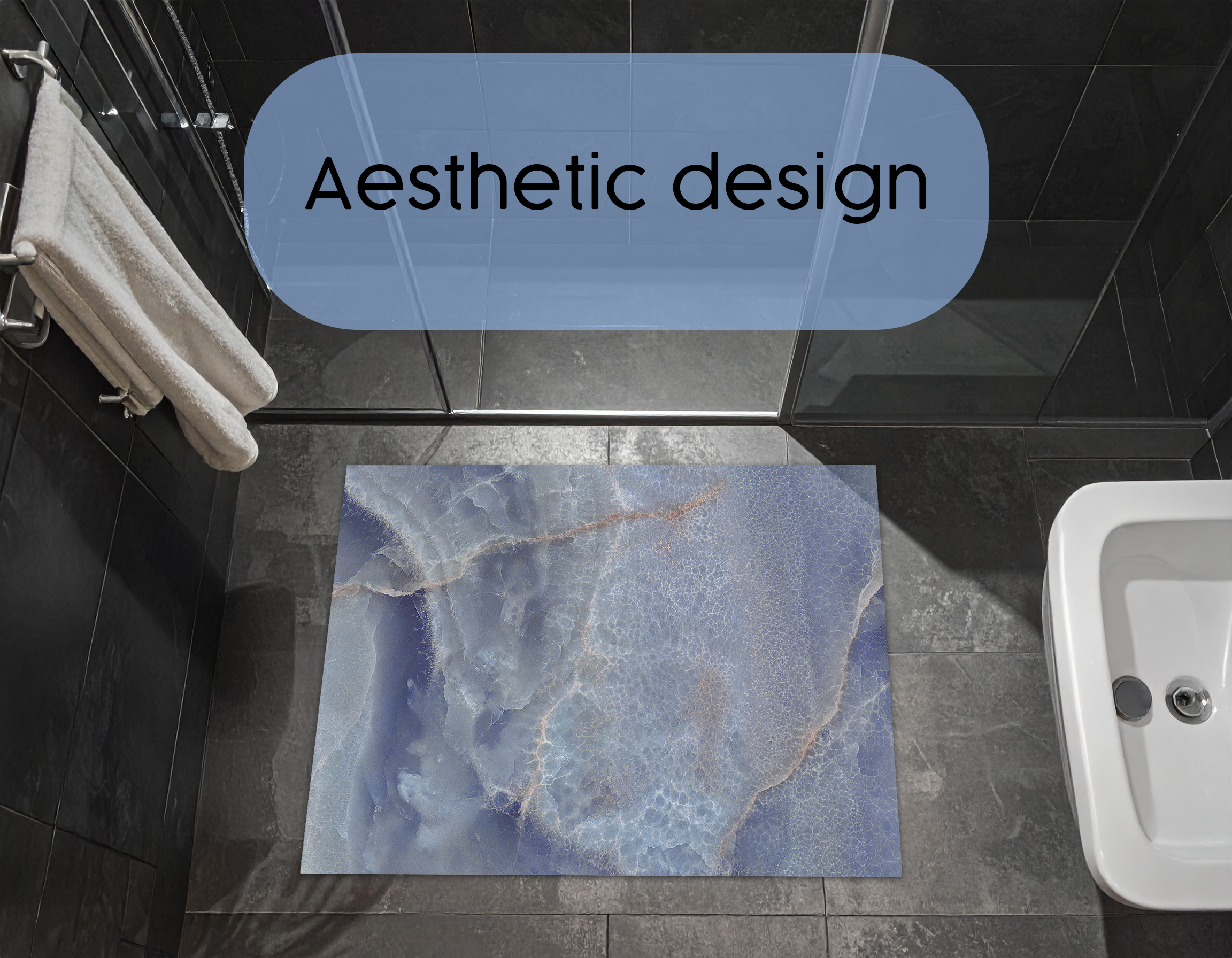 Concept Crystal Bathroom PVC Mat – Water-Resistant Floor Mat – Modern Designer Bath Mat with 4 Size Options for Bathroom, Shower & Toilet - Soft Shower Mat with Decorative Designs : Blue marble with light reflections