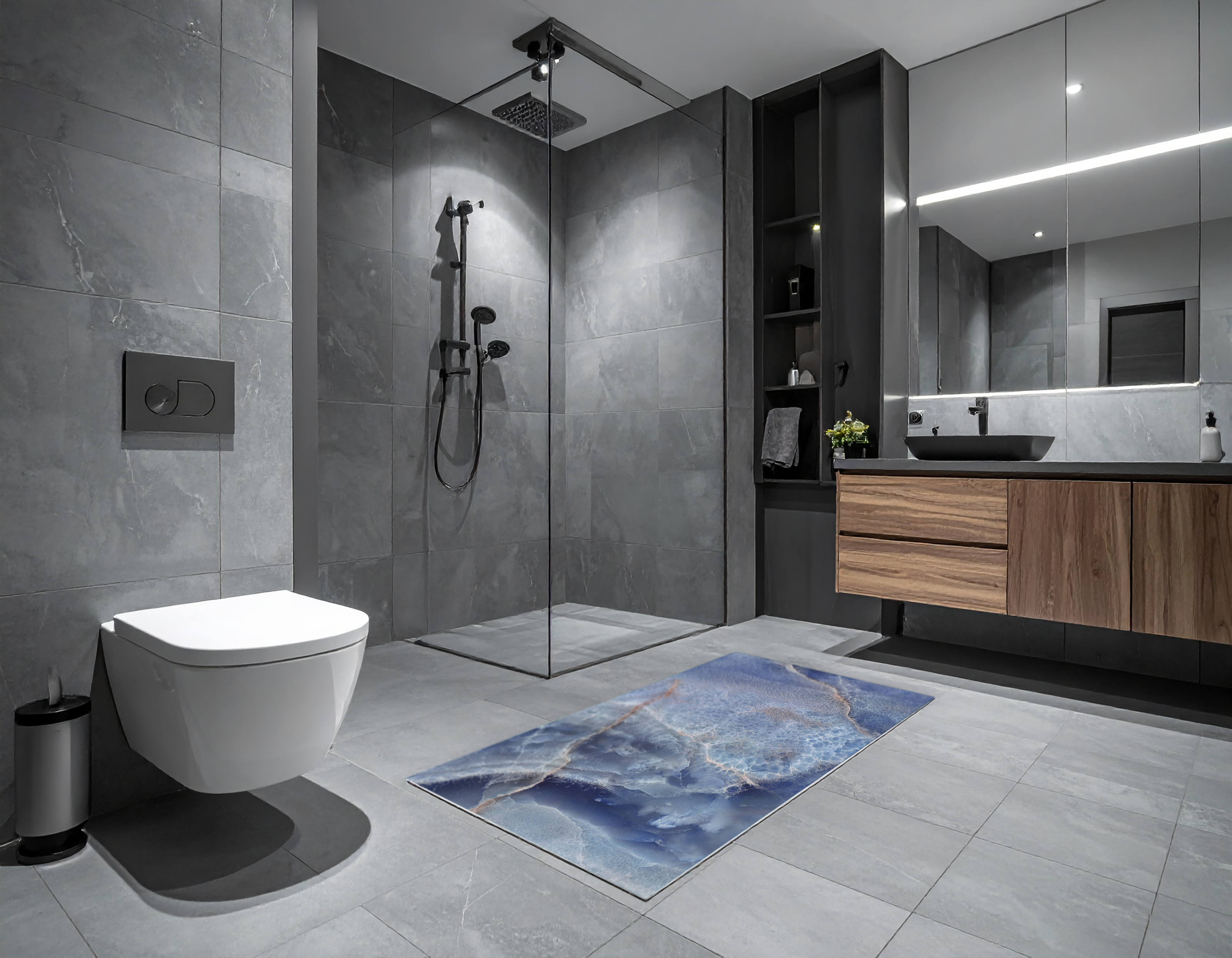 Concept Crystal Bathroom PVC Mat – Water-Resistant Floor Mat – Modern Designer Bath Mat with 4 Size Options for Bathroom, Shower & Toilet - Soft Shower Mat with Decorative Designs : Blue marble with light reflections