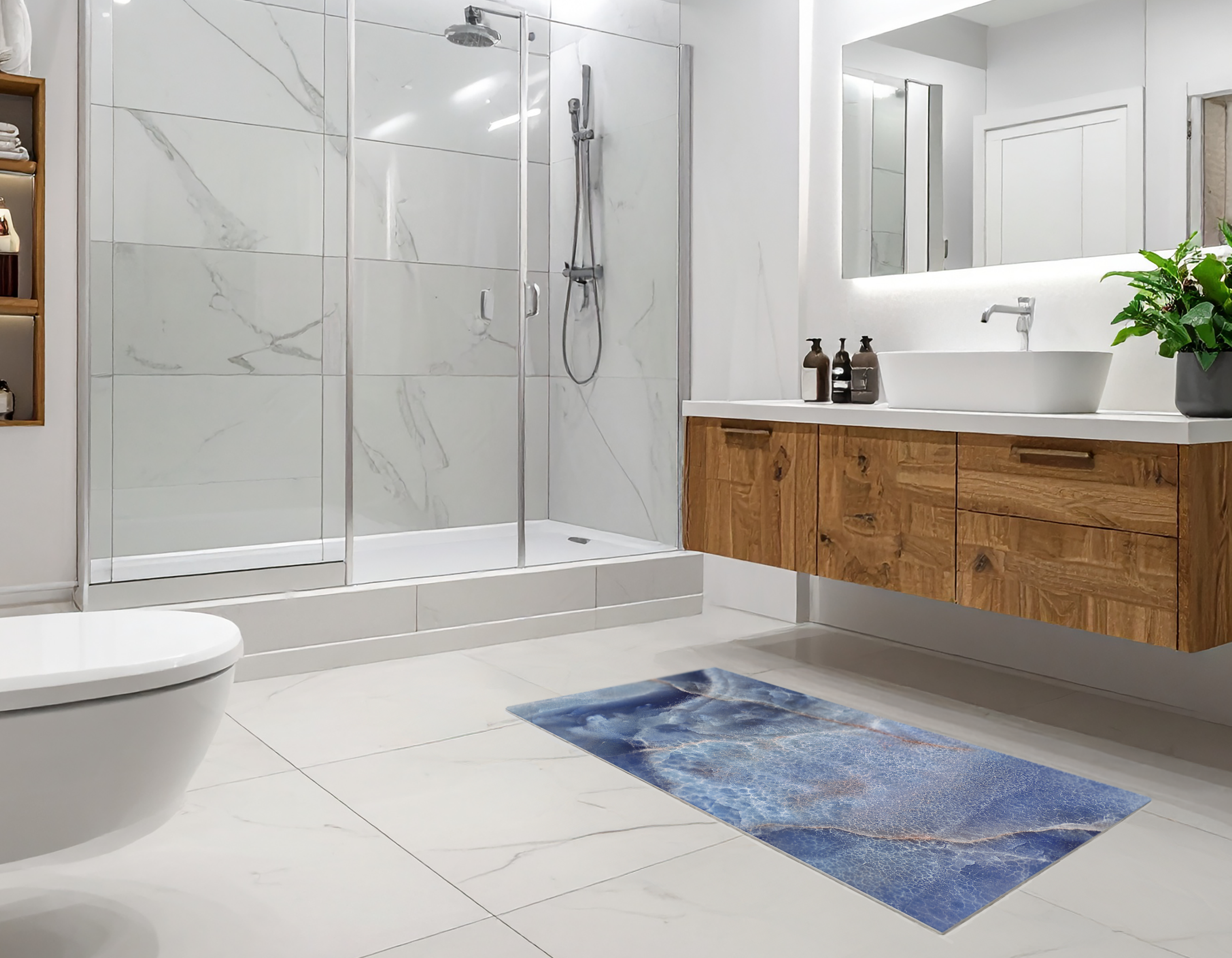 Concept Crystal Bathroom PVC Mat – Water-Resistant Floor Mat – Modern Designer Bath Mat with 4 Size Options for Bathroom, Shower & Toilet - Soft Shower Mat with Decorative Designs : Blue marble with light reflections