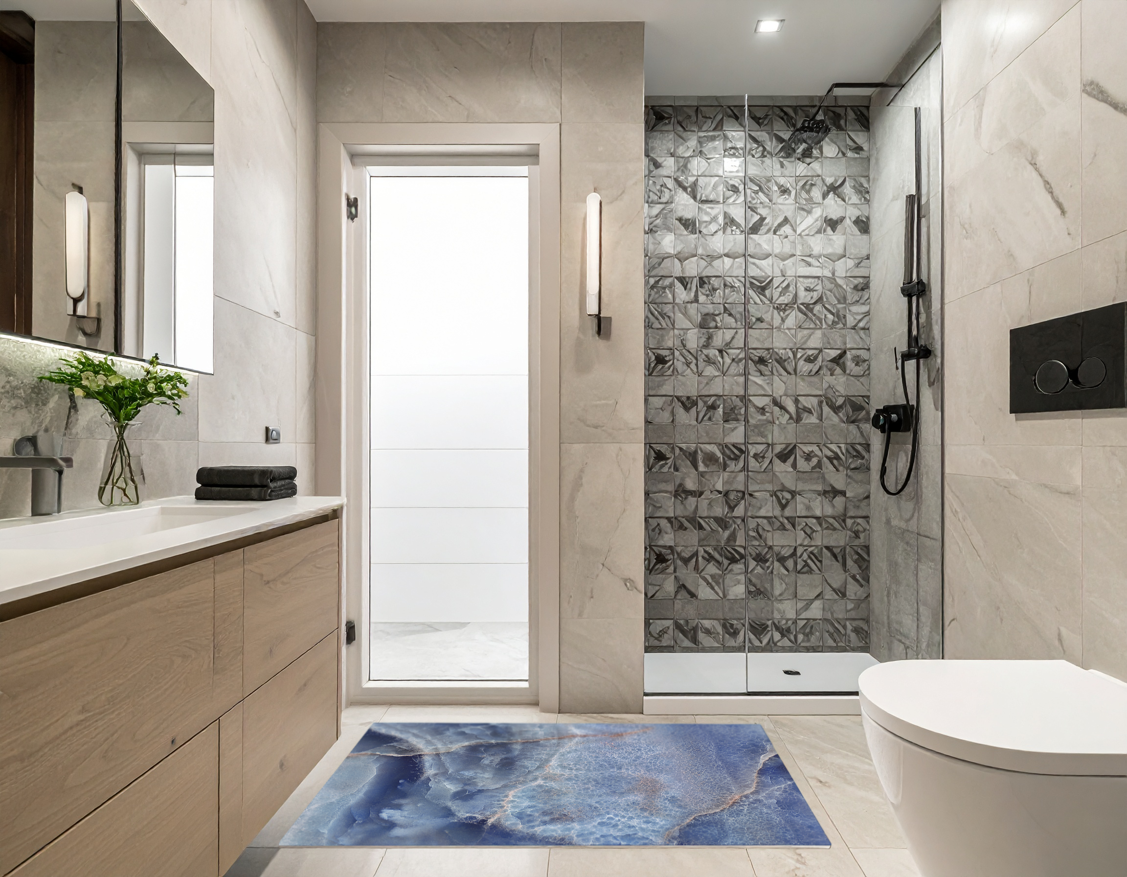 Concept Crystal Bathroom PVC Mat – Water-Resistant Floor Mat – Modern Designer Bath Mat with 4 Size Options for Bathroom, Shower & Toilet - Soft Shower Mat with Decorative Designs : Blue marble with light reflections