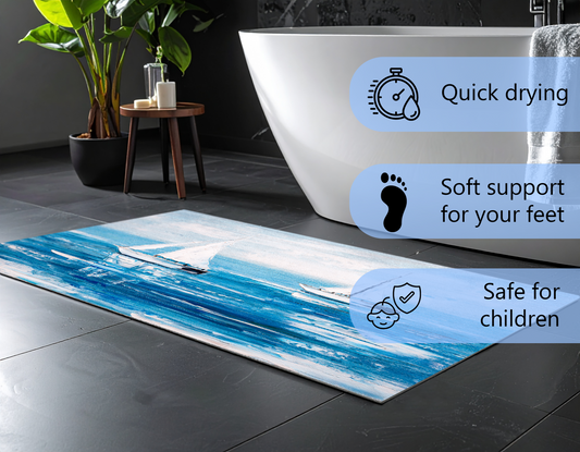 Concept Crystal Bathroom PVC Mat – Water-Resistant Floor Mat – Modern Designer Bath Mat with 4 Size Options for Bathroom, Shower & Toilet - Soft Shower Mat with Decorative Designs : Sailing Boats