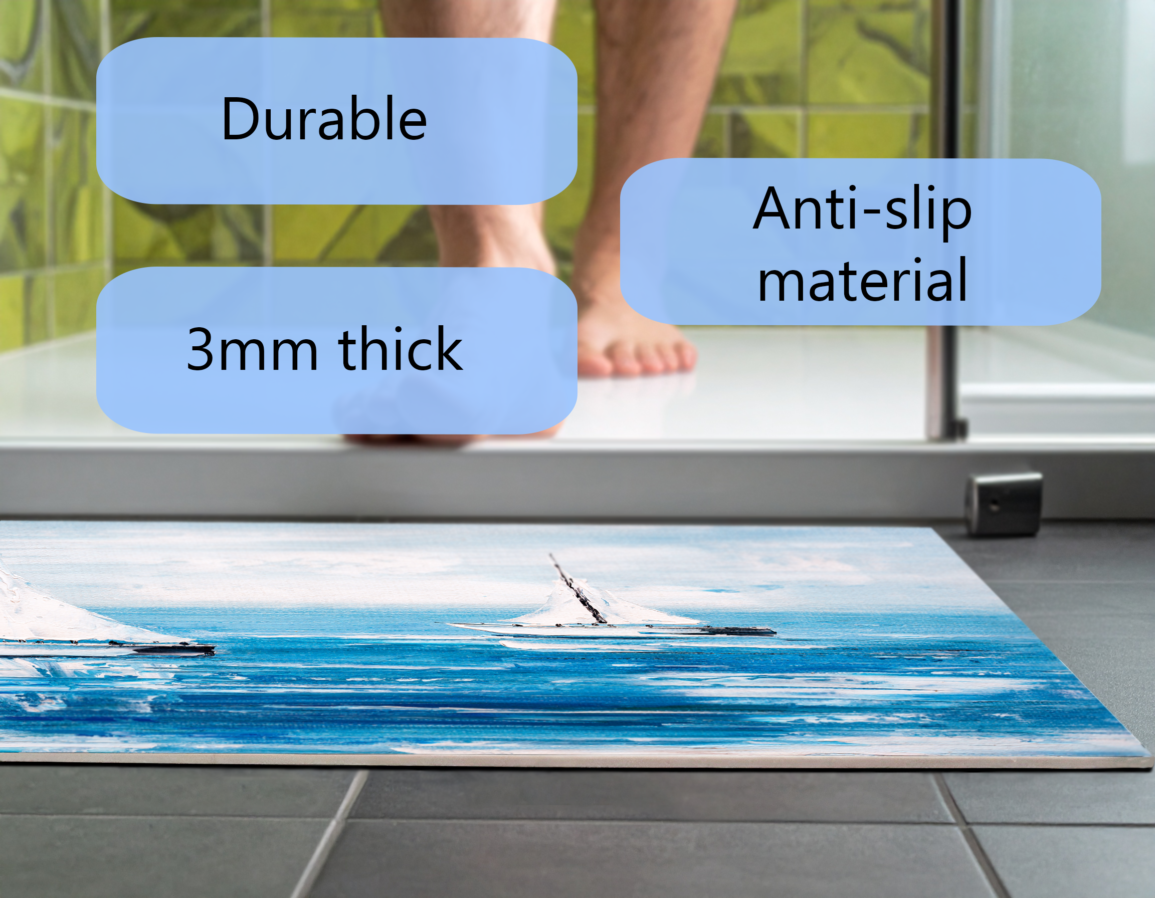 Concept Crystal Bathroom PVC Mat – Water-Resistant Floor Mat – Modern Designer Bath Mat with 4 Size Options for Bathroom, Shower & Toilet - Soft Shower Mat with Decorative Designs : Sailing Boats
