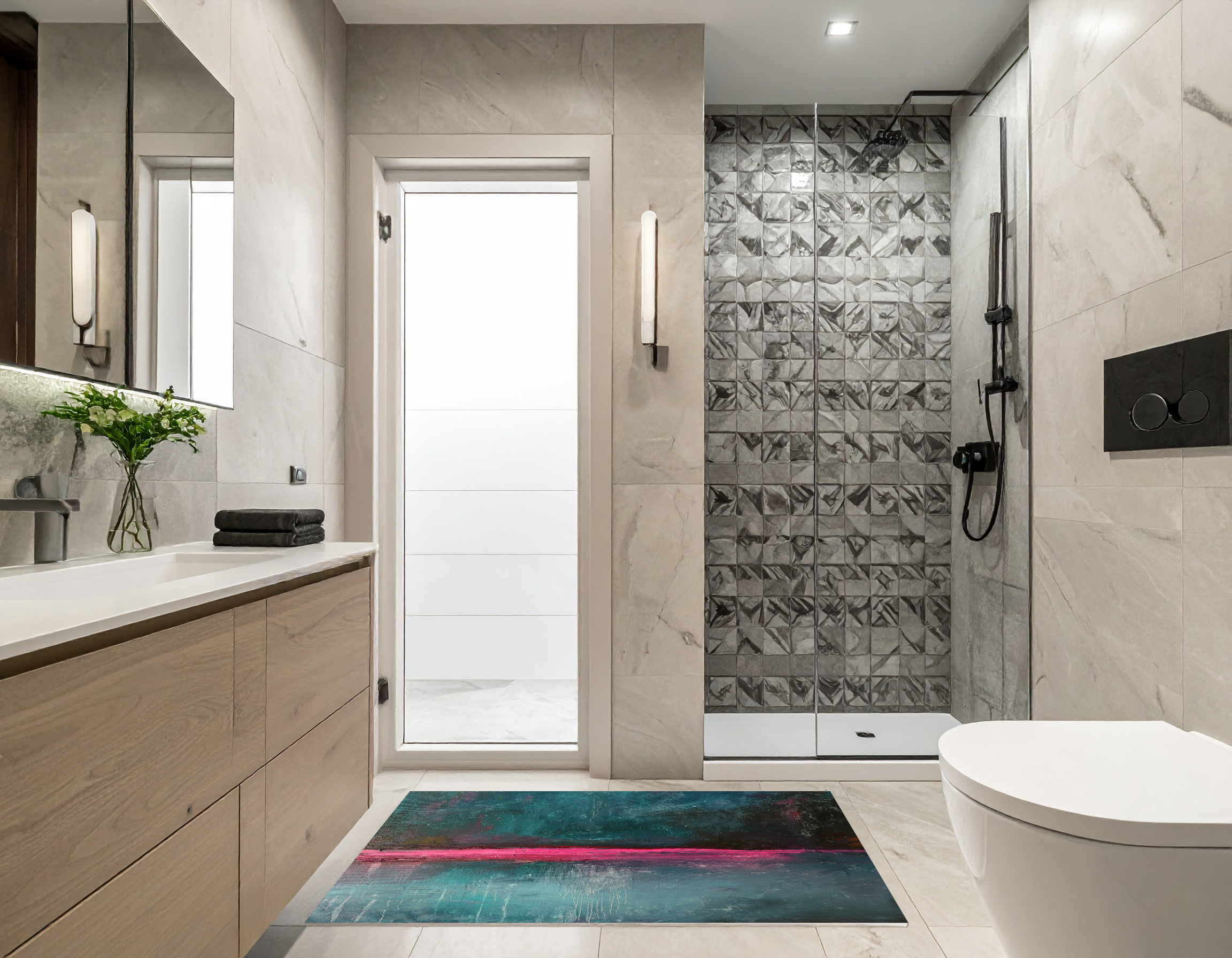 Concept Crystal Bathroom PVC Mat – Water-Resistant Floor Mat – Modern Designer Bath Mat with 4 Size Options for Bathroom, Shower & Toilet - Soft Shower Mat with Decorative Designs : Neon Night